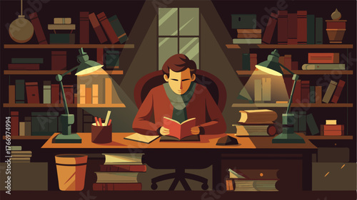 A writer sits at a wooden table in a cozy nook surrounded by dimly lit lamps and stacks of old leatherbound books.. Vector illustration