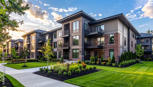 Modern multifamily housing property with brick, siding facade features balconies, manicured lawns