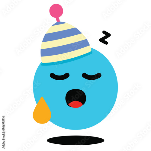 Blue character sleeping with party hat tired yawning
