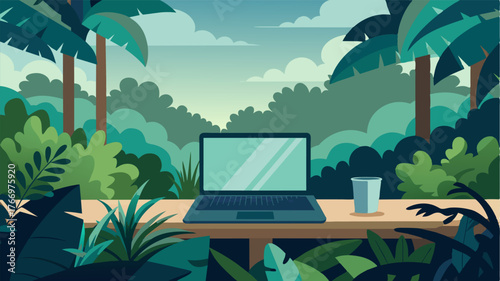 As the mist clears a laptop on a veranda becomes visible set against a backdrop of a dense tropical jungle.. Vector illustration