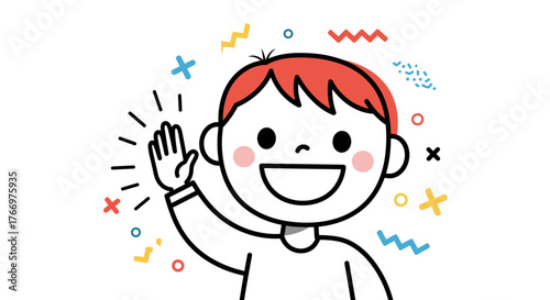 A painted happy boy waves his hand with colorful background elements