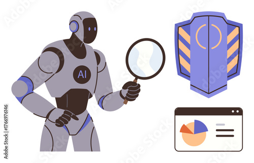Futuristic AI robot holding magnifying glass, examining concepts of data protection, secure AI, and analytics with shield icon and chart module. Ideal for technology, research, automation