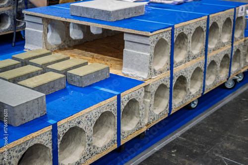 Innovative modular concrete blocks and pavers showcased at a construction exhibition, highlighting modern building materials and permeable design for urban infrastructure development.