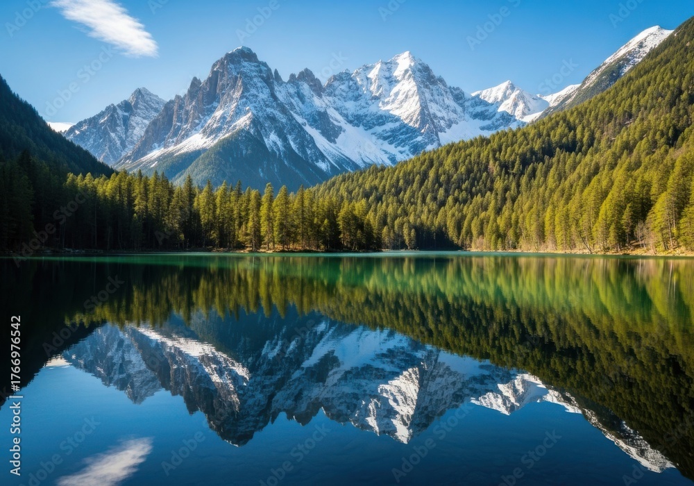 Fototapeta premium Tranquil alpine lake reflects snow-capped mountains and lush green forest under a clear blue sky