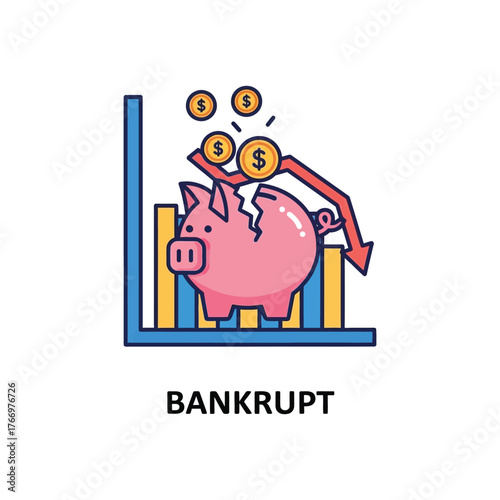 Concept of financial ruin with a broken piggy bank and graph