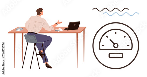 Person sitting at desk with laptop, discussing efficiency and productivity metrics while referencing a speed meter. Ideal for productivity, performance, business analysis, management