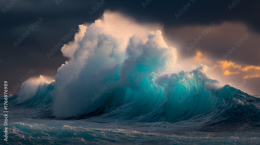 Fototapeta premium Dramatic ocean wave crashing with turquoise water and dark clouds AI Generated