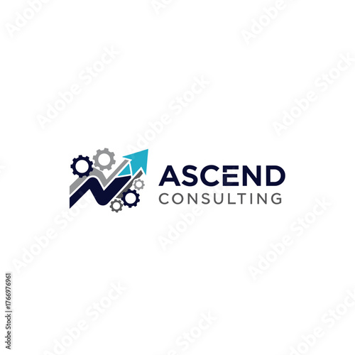 Business consulting logo with gears and upward arrow.