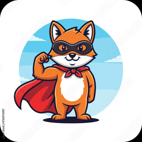 Cartoon Fox Superhero with Mask and Cape Flexing Muscle.