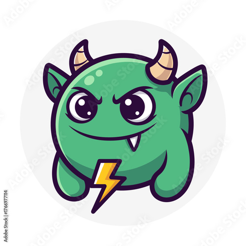 Cute green horned monster mascot with lightning.