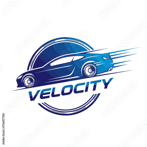Dynamic Velocity Logo Featuring a Sleek Blue Sports Car in Motion.
