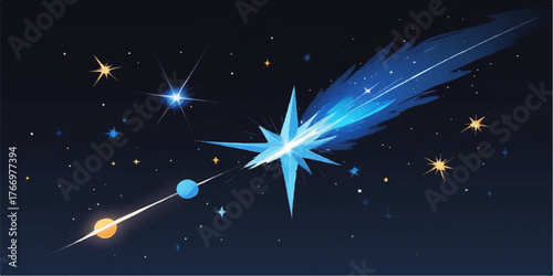 A vibrant, dark blue starry sky background with a galaxy of bright stars and light constellations