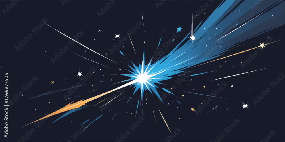 Fototapeta premium Bright blue starry night sky illustration with glowing magic Christmas celebration firework design