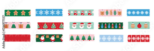 Holiday decorative tape and sticker collection – flat modern vector washi strips for Christmas and New Year, featuring border elements, festive icons and colorful paper label design elements.