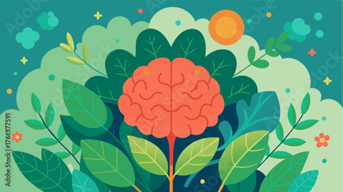 A brain surrounded by a lush garden representing the growth and vitality that comes from practicing daily affirmations.. Vector illustration