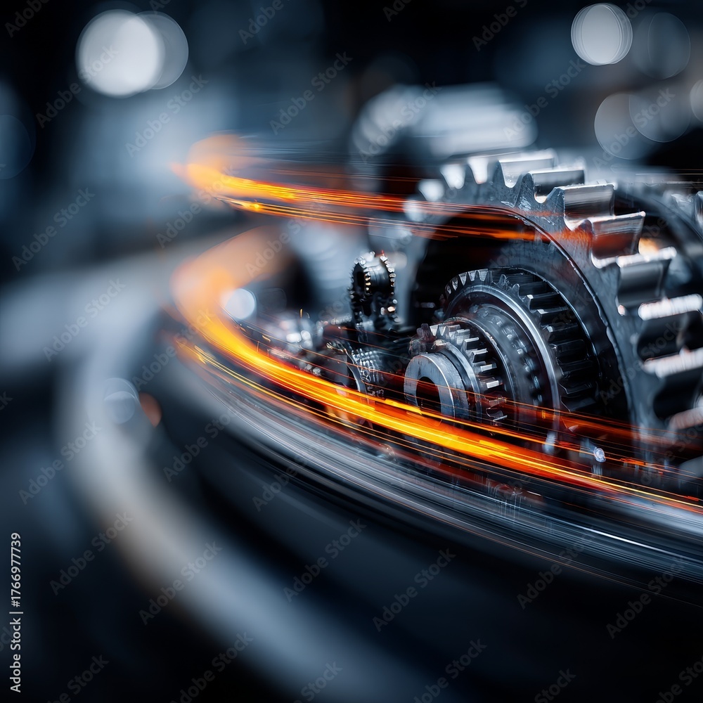 Obraz premium Dynamic Mechanism Gears in Motion, Industrial Setting, Close-Up Photography, Dark Background, Focused View, Technology Concept