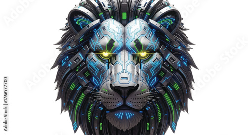 A futuristic lion head mascot with neon blue and green accents and yellow eyes against a clean white background with a mix of digital and organic elements.