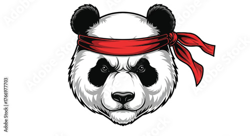 A head mascot of a panda wearing a red headband on a white background, with a bold and playful illustration style.