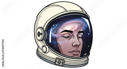 Illustration of a person wearing a white astronaut head mascot helmet with a galaxy background visible through the visor.