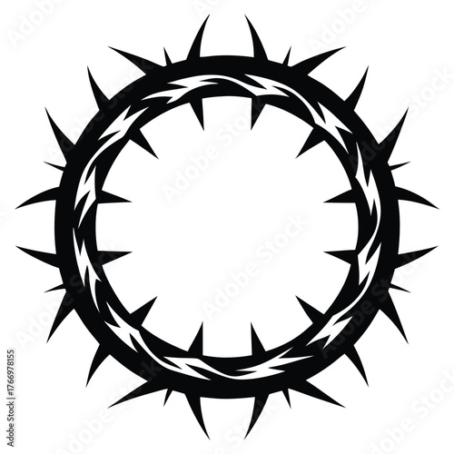 Sharp black thorns form a textured circular wreath on a plain white background