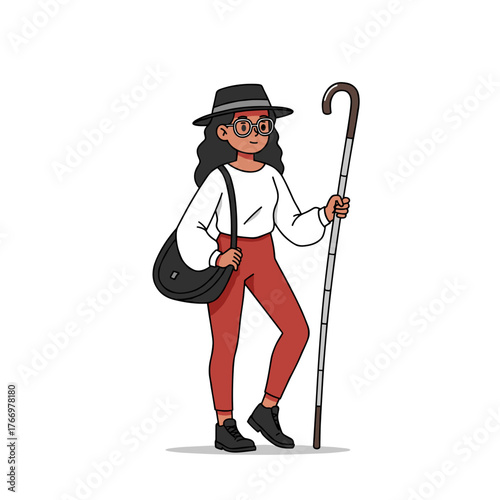 A young tanned woman stands with a cane and in a stylish outfit.