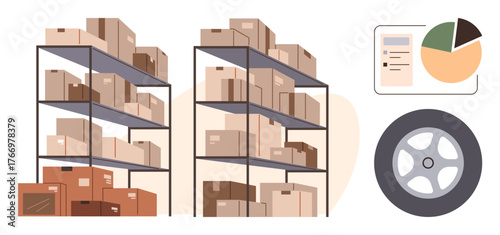 Stacked shelves loaded with cardboard boxes, pie chart for data analysis, and vehicle wheel graphic. Ideal for logistics, inventory, e-commerce, delivery, planning, productivity business operations