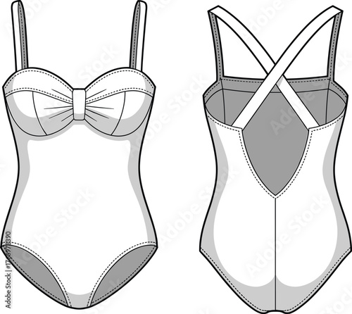 One-piece swimsuit front and back view, sweetheart neckline fashion template, garment flat sketch, cad drawing flat vector illustration