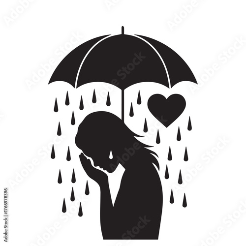 A silhouette of a woman crying under an umbrella with a heart, isolated on white background, symbolizing sadness, protection, and love
