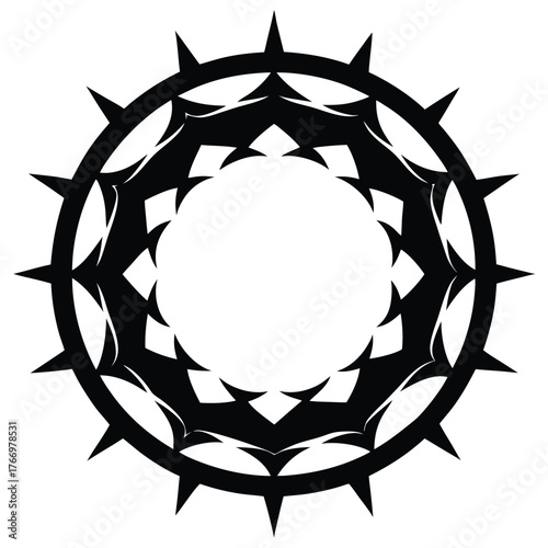 Silhouette of a thorned abstract circle creates sharp black design on white backdrop