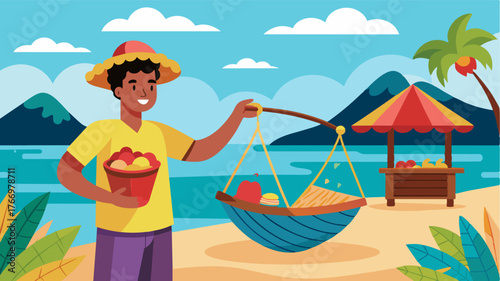 A young local selling colorful handwoven baskets and hammocks to resort guests showcasing the islands vibrant culture.. Vector illustration