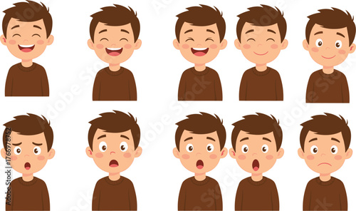 PrintCartoon boy facial expressions, emotional character set, vector illustration, mood variations, child emotions, animation asset, white background, design element