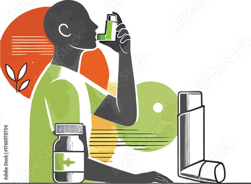 Person using inhaler with medicine bottle and asthma device