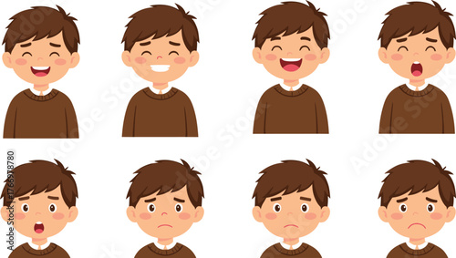 PrintCartoon boy facial expressions, emotional character set, vector illustration, mood variations, child emotions, animation asset, white background, design element