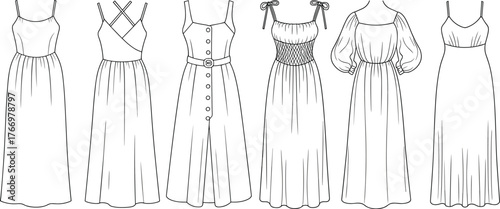 Six dress styles front view, sleeveless and puff sleeve fashion template, garment flat sketch, cad drawing flat vector illustration