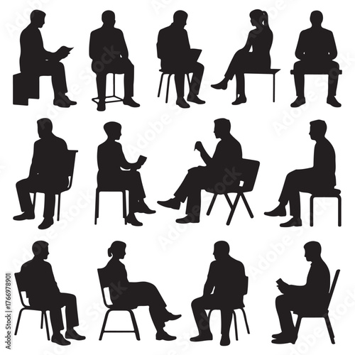 silhouettes of men and women and teenagers sitting on bench or chair vector