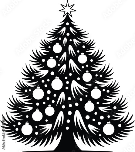 PrintChristmas tree silhouette, festive decoration, holiday icon, black vector art, ornamented pine, seasonal graphic, star topper, winter celebration