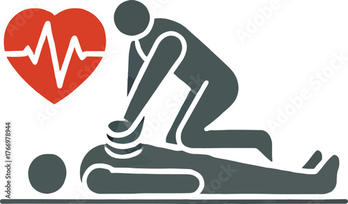 Red heart with electrocardiogram next to person performing C P R