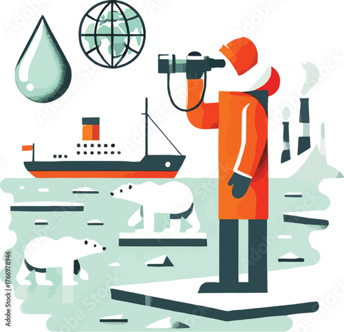 Polar bears on ice floes with explorer and ship arctic