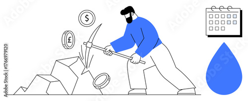 Man striking rocks with pickaxe, coins flying out, drop of water, and calendar. Ideal for economy, hard work, resource extraction, financial planning, success deadlines simple flat metaphor