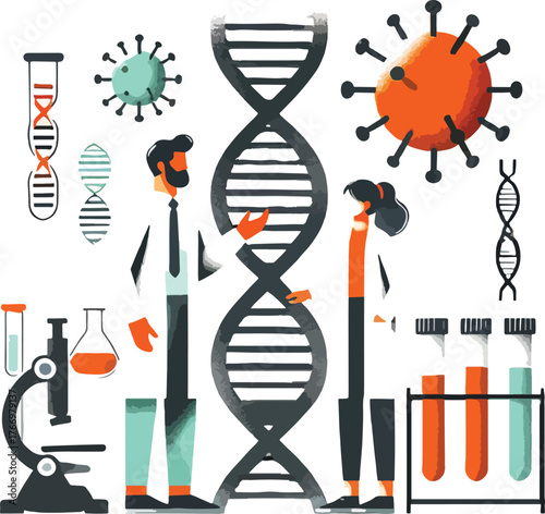 Scientists studying D N A and viruses with lab equipment