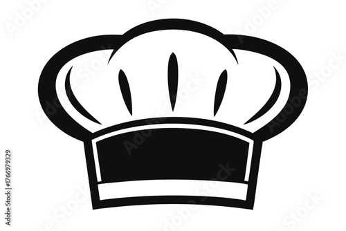 A stylized black and white chef's hat with a puffy rounded top stands alone