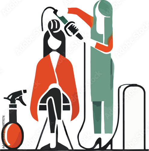 Stylized barber cutting hair with hairdryer and spray bottle