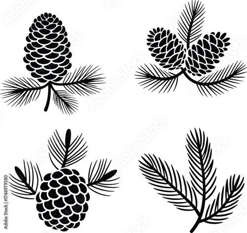 PriPine cone silhouettes, pine needle illustration, botanical vector, forest elements, nature design, evergreen cones, black graphic, isolated white backgroundnt
