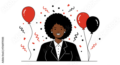 Happy black woman celebrating with balloons and confetti in background  
