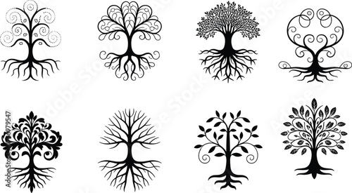 PrintStylized tree silhouettes, abstract foliage, decorative roots, black and white vector, symmetrical nature design, artistic tree shapes, ornamental graphic elements
