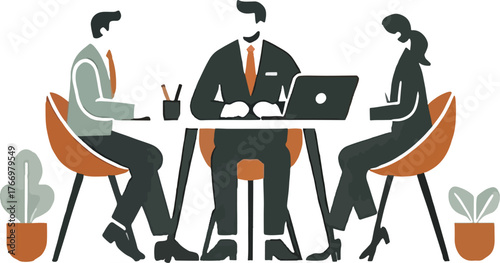 Three people in business attire at a table with laptop