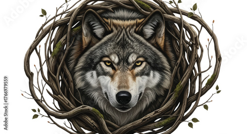 A wolf's head mascot peeks out from a tangled nest of tree branches and leaves on a white background with a cinematic feel and earthy tones.