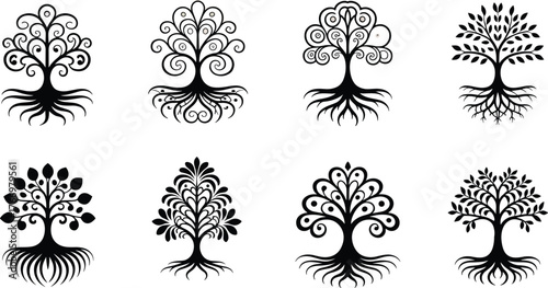 PrintStylized tree illustrations, abstract foliage, decorative roots, black and white vector, symmetrical design, nature art, graphic elements, logo inspiration