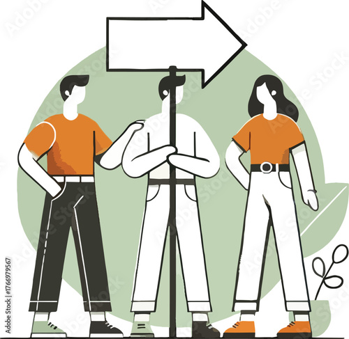 Three people holding blank arrow sign on green background