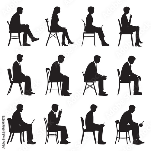 silhouettes of men and women and teenagers sitting on bench or chair vector